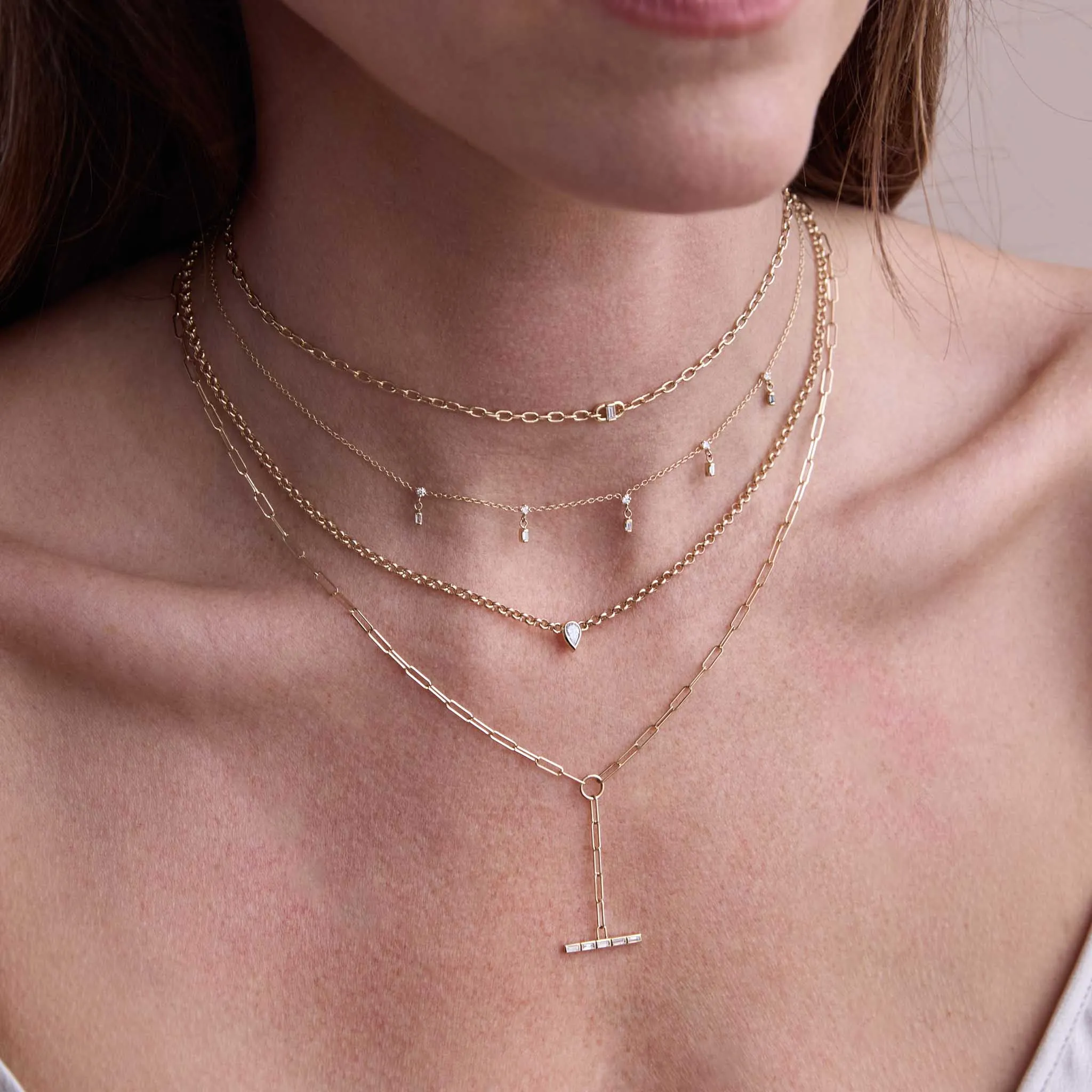 14k Channel Set Baguette Diamond Bar Paperclip Chain Lariat Necklace