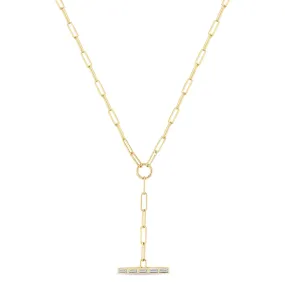 14k Channel Set Baguette Diamond Bar Paperclip Chain Lariat Necklace