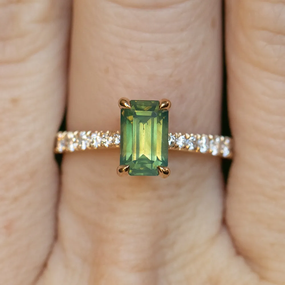 1.67ct Emerald Cut Green Opalescent Sapphire Hidden Halo Solitaire with French Set Diamonds in 18k Yellow Gold