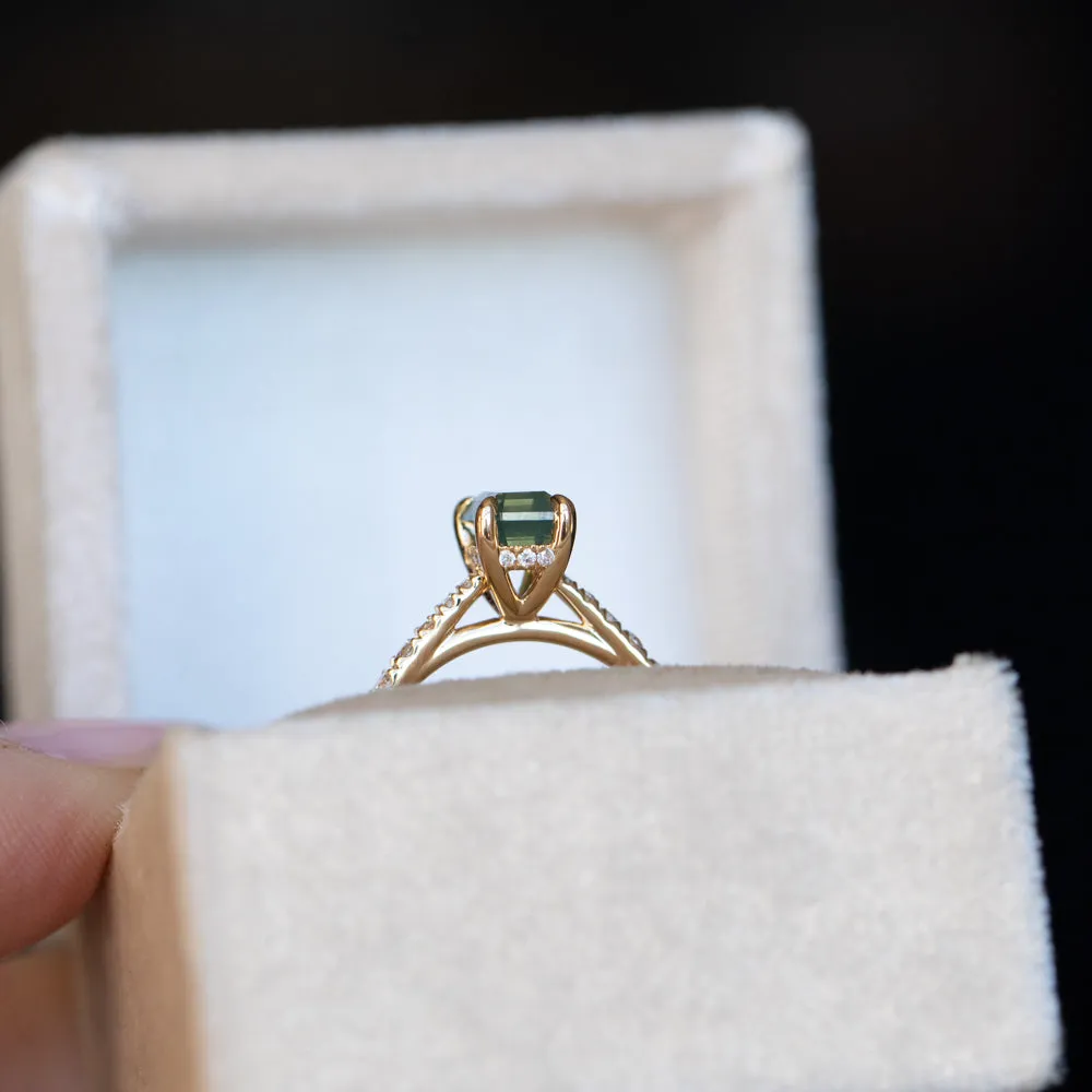 1.67ct Emerald Cut Green Opalescent Sapphire Hidden Halo Solitaire with French Set Diamonds in 18k Yellow Gold