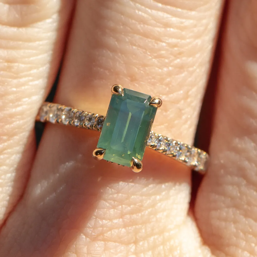 1.67ct Emerald Cut Green Opalescent Sapphire Hidden Halo Solitaire with French Set Diamonds in 18k Yellow Gold