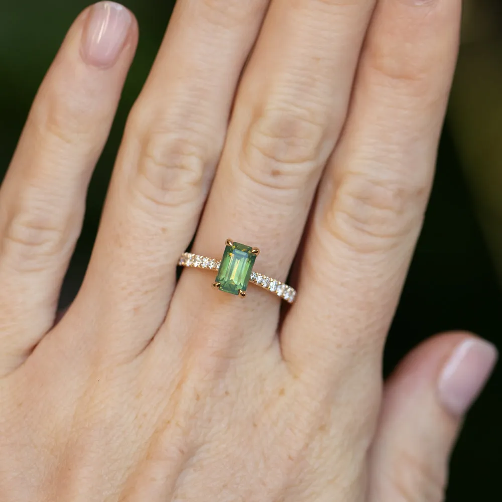 1.67ct Emerald Cut Green Opalescent Sapphire Hidden Halo Solitaire with French Set Diamonds in 18k Yellow Gold