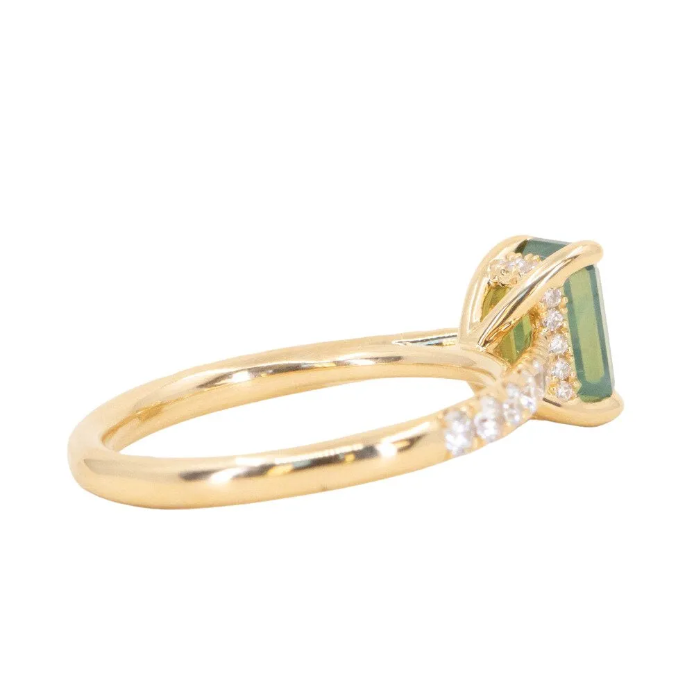 1.67ct Emerald Cut Green Opalescent Sapphire Hidden Halo Solitaire with French Set Diamonds in 18k Yellow Gold