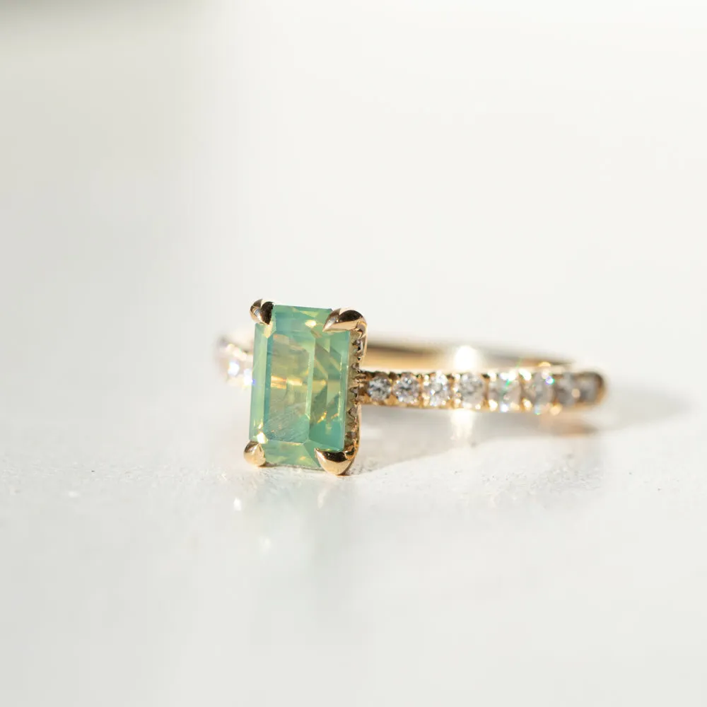 1.67ct Emerald Cut Green Opalescent Sapphire Hidden Halo Solitaire with French Set Diamonds in 18k Yellow Gold