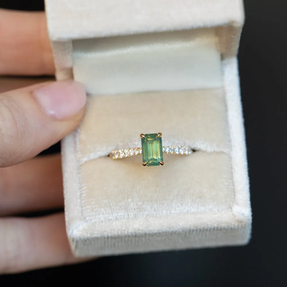 1.67ct Emerald Cut Green Opalescent Sapphire Hidden Halo Solitaire with French Set Diamonds in 18k Yellow Gold