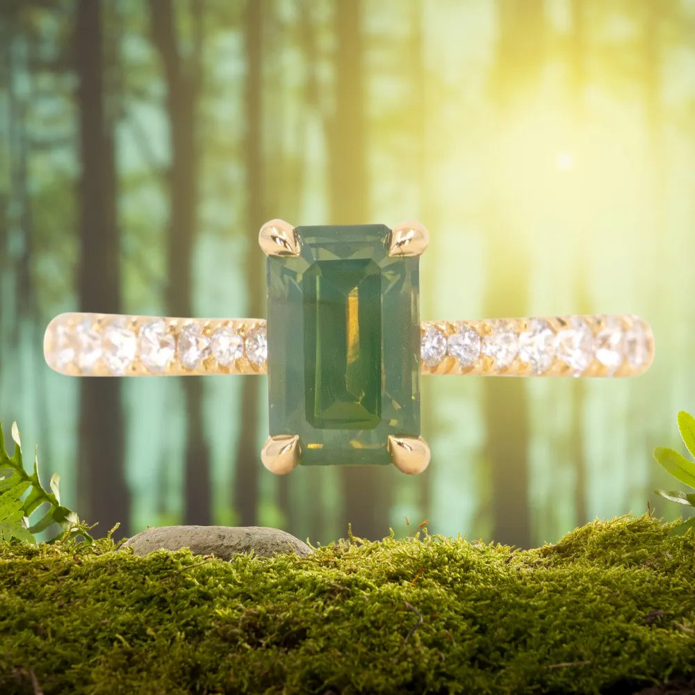 1.67ct Emerald Cut Green Opalescent Sapphire Hidden Halo Solitaire with French Set Diamonds in 18k Yellow Gold