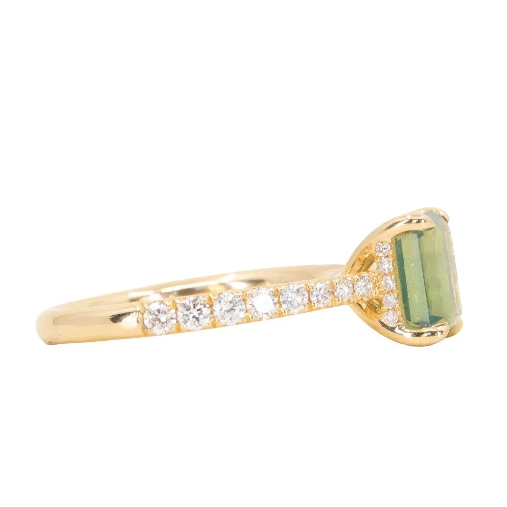 1.67ct Emerald Cut Green Opalescent Sapphire Hidden Halo Solitaire with French Set Diamonds in 18k Yellow Gold