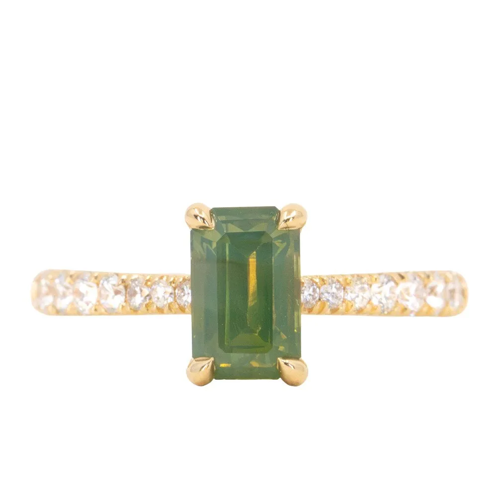 1.67ct Emerald Cut Green Opalescent Sapphire Hidden Halo Solitaire with French Set Diamonds in 18k Yellow Gold