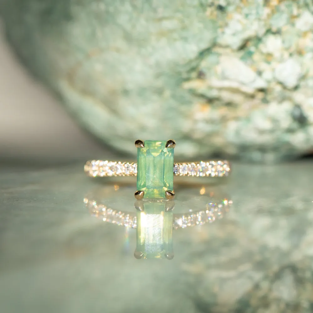 1.67ct Emerald Cut Green Opalescent Sapphire Hidden Halo Solitaire with French Set Diamonds in 18k Yellow Gold