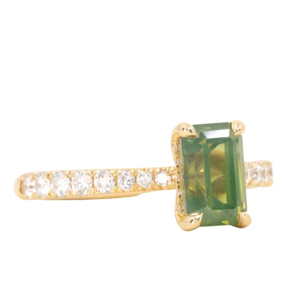 1.67ct Emerald Cut Green Opalescent Sapphire Hidden Halo Solitaire with French Set Diamonds in 18k Yellow Gold