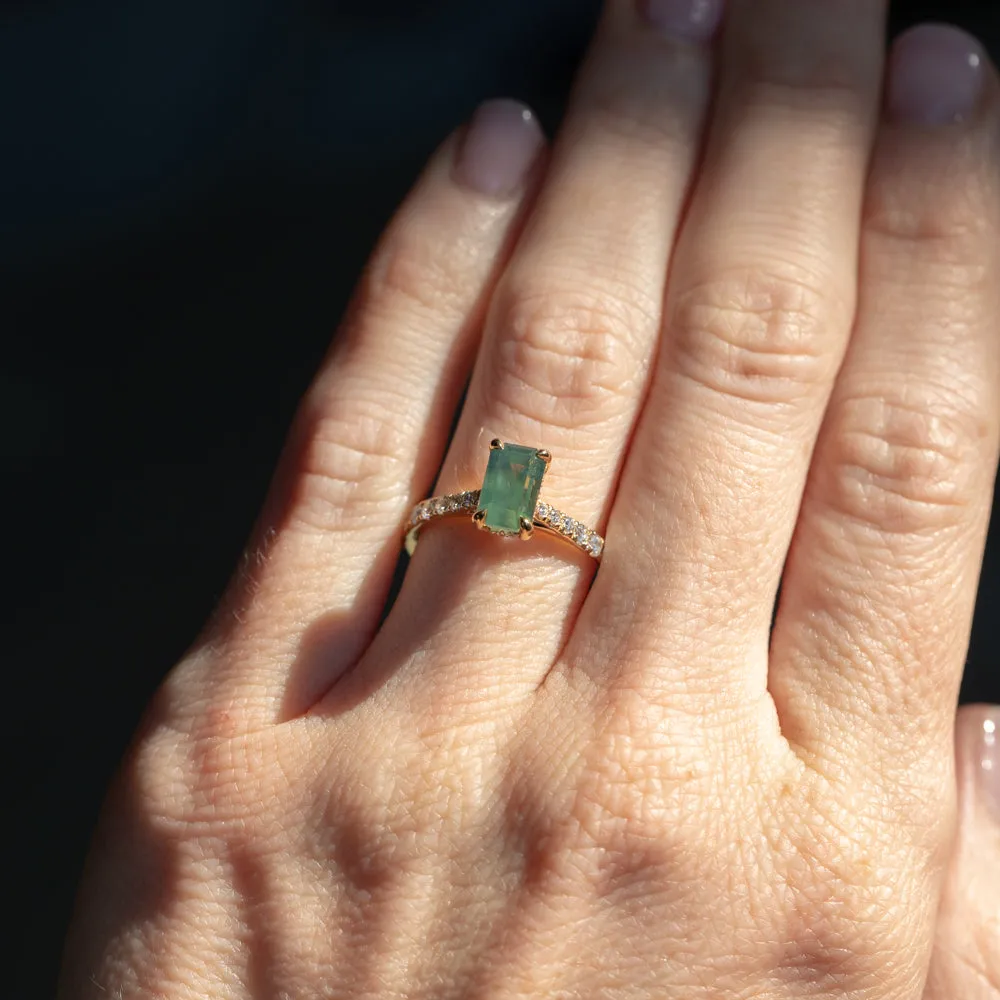 1.67ct Emerald Cut Green Opalescent Sapphire Hidden Halo Solitaire with French Set Diamonds in 18k Yellow Gold