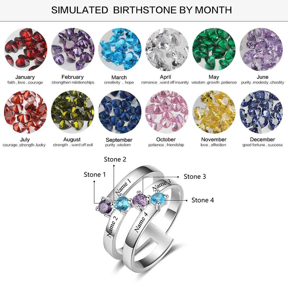 4 Birthstone Mothers Ring Diagonal Set 4 Engraved Names