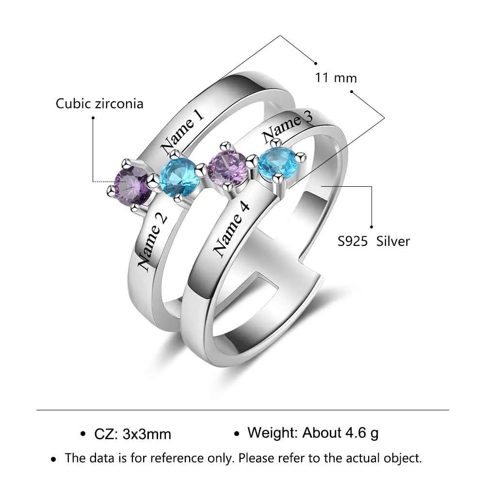 4 Birthstone Mothers Ring Diagonal Set 4 Engraved Names