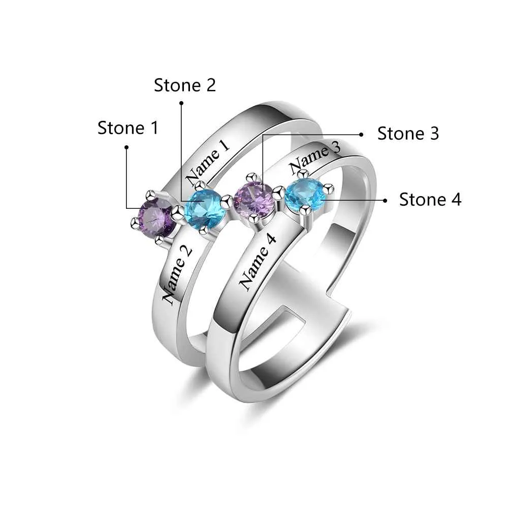 4 Birthstone Mothers Ring Diagonal Set 4 Engraved Names