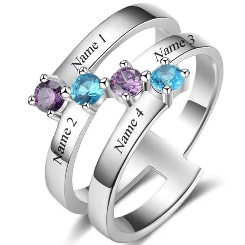 4 Birthstone Mothers Ring Diagonal Set 4 Engraved Names