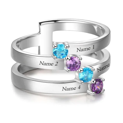 4 Birthstone Mothers Ring Diagonal Set 4 Engraved Names