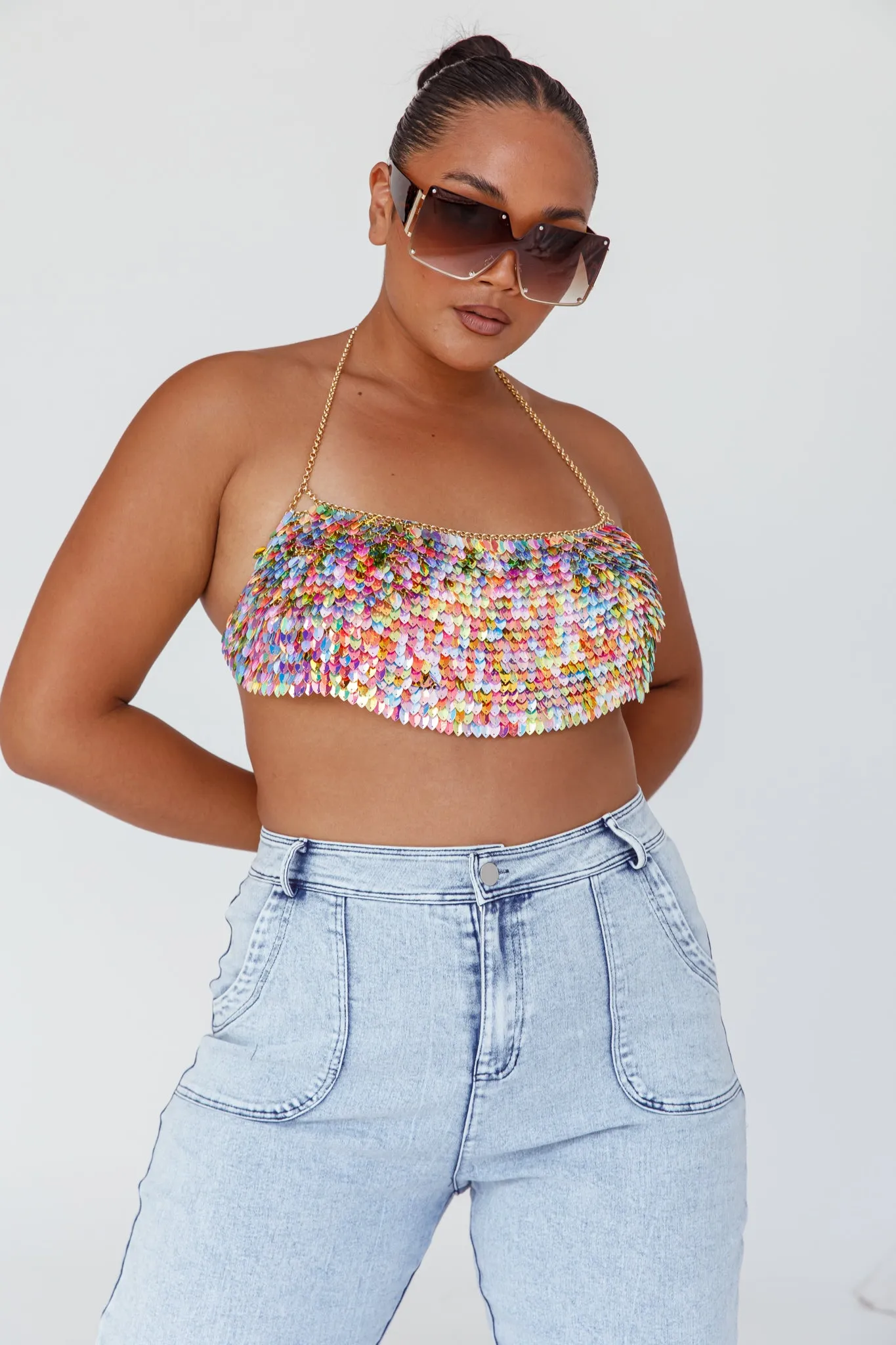 Aerys Holographic Dragon Scale Halter Chain Bralette