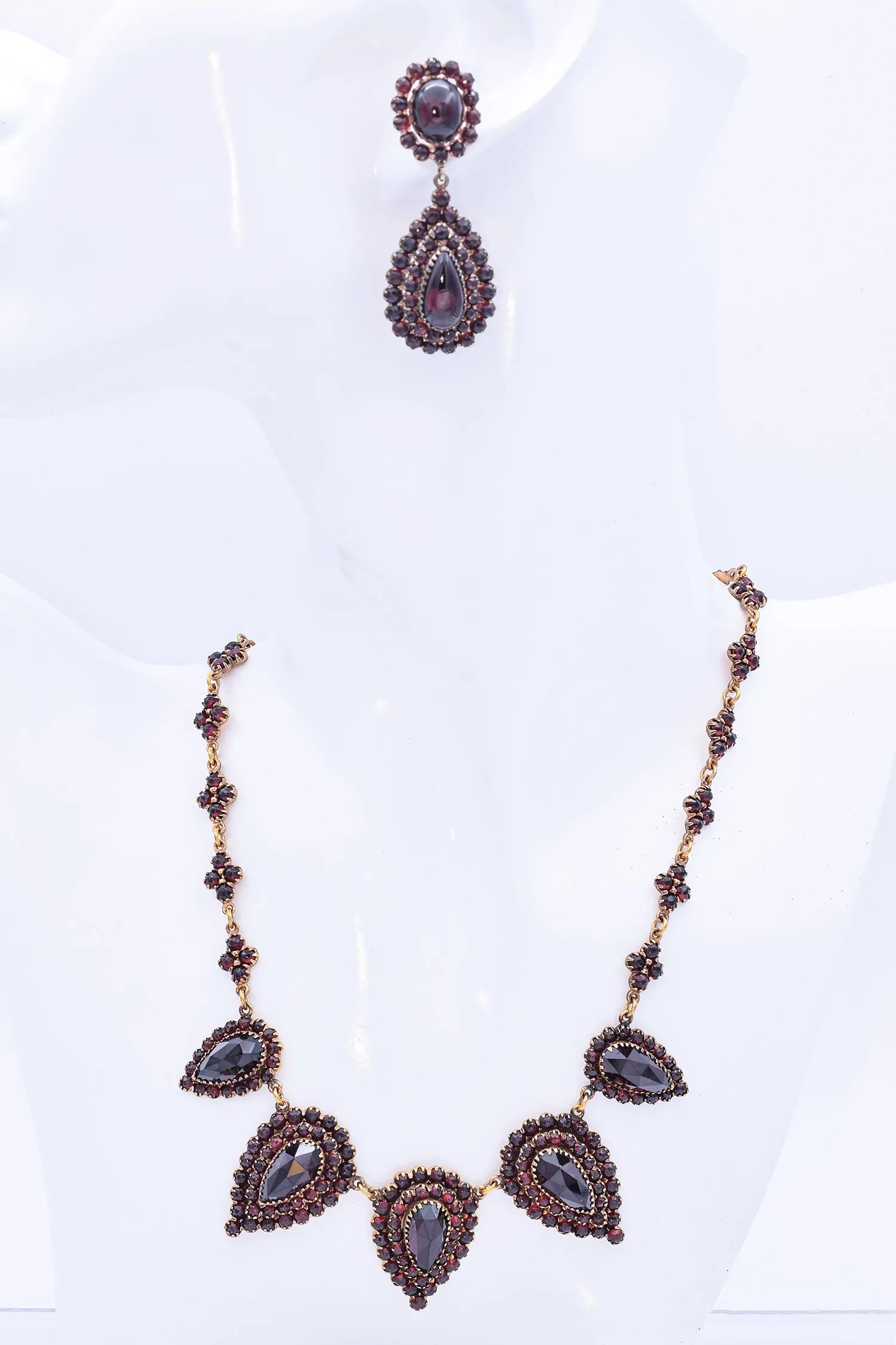 Antique Gold Filled Garnet Screwback Dangle Earrings & Necklace Set