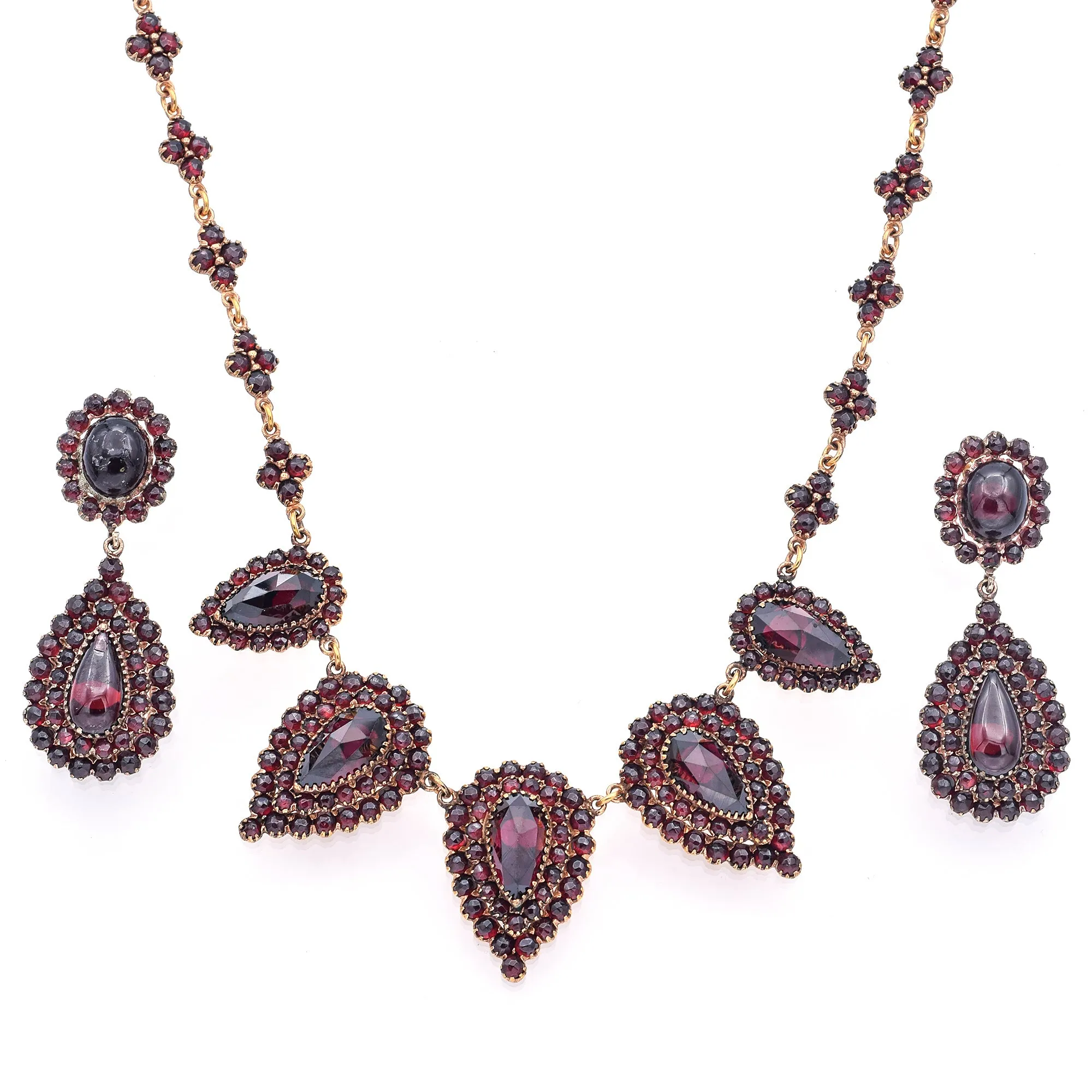 Antique Gold Filled Garnet Screwback Dangle Earrings & Necklace Set