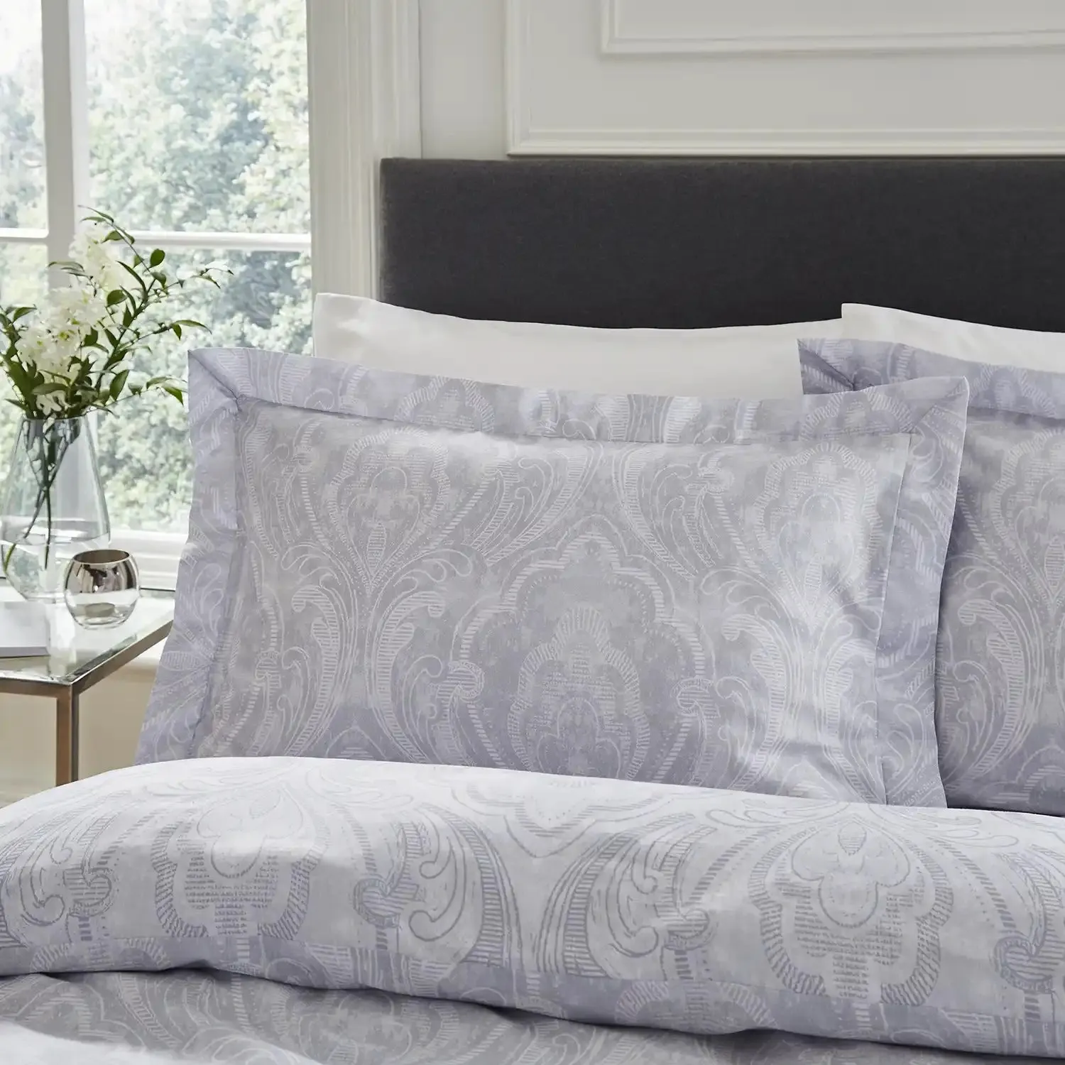 Aurelia Damask Pillowcase - Grey/White - Oxford Style