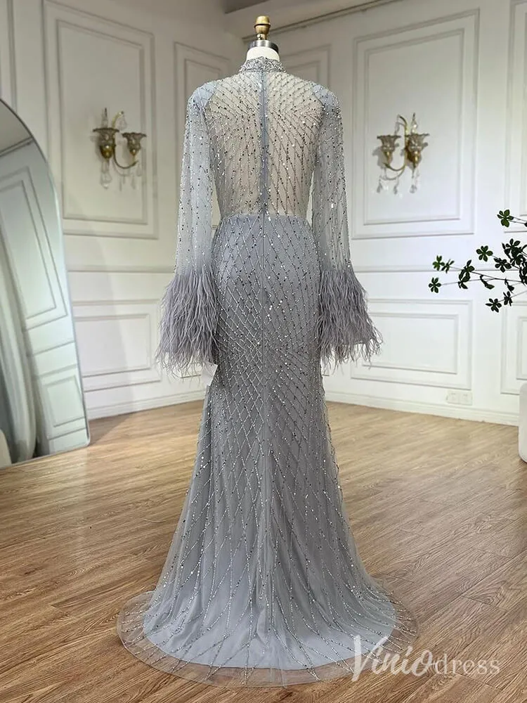 Beaded Mermaid Long Sleeve Prom Dresses High Neck Feathers Pageant Dress AD1246