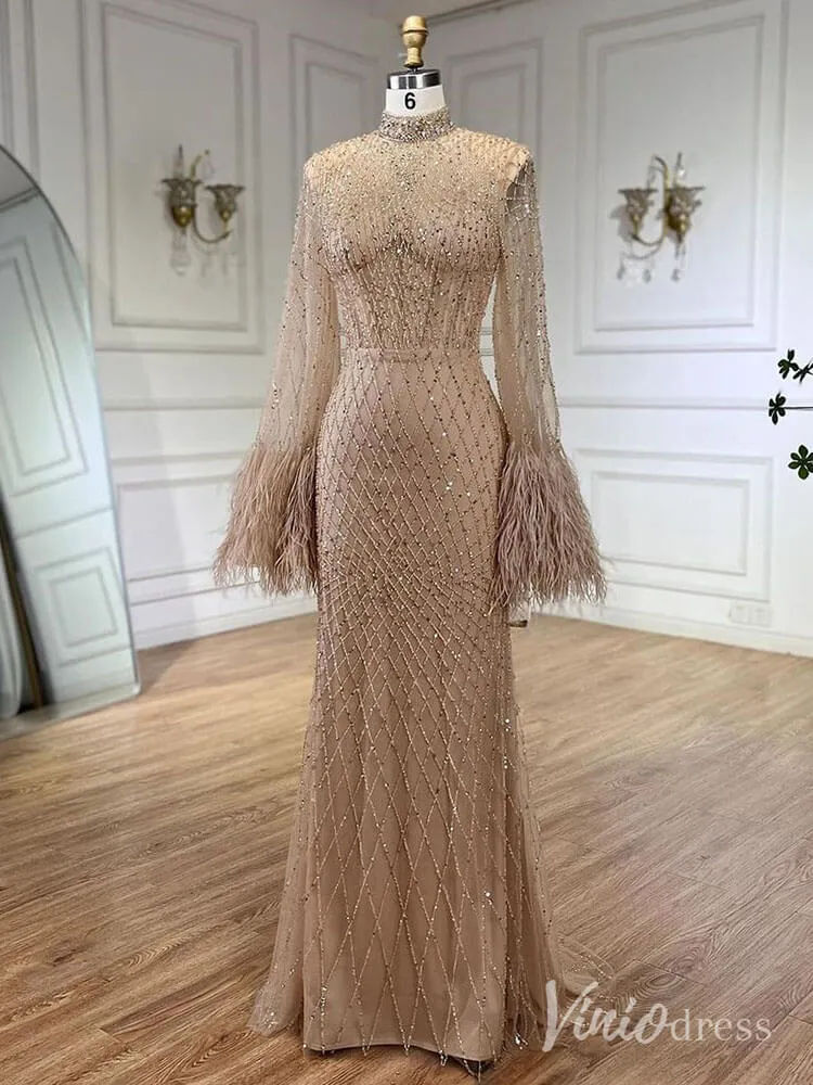 Beaded Mermaid Long Sleeve Prom Dresses High Neck Feathers Pageant Dress AD1246