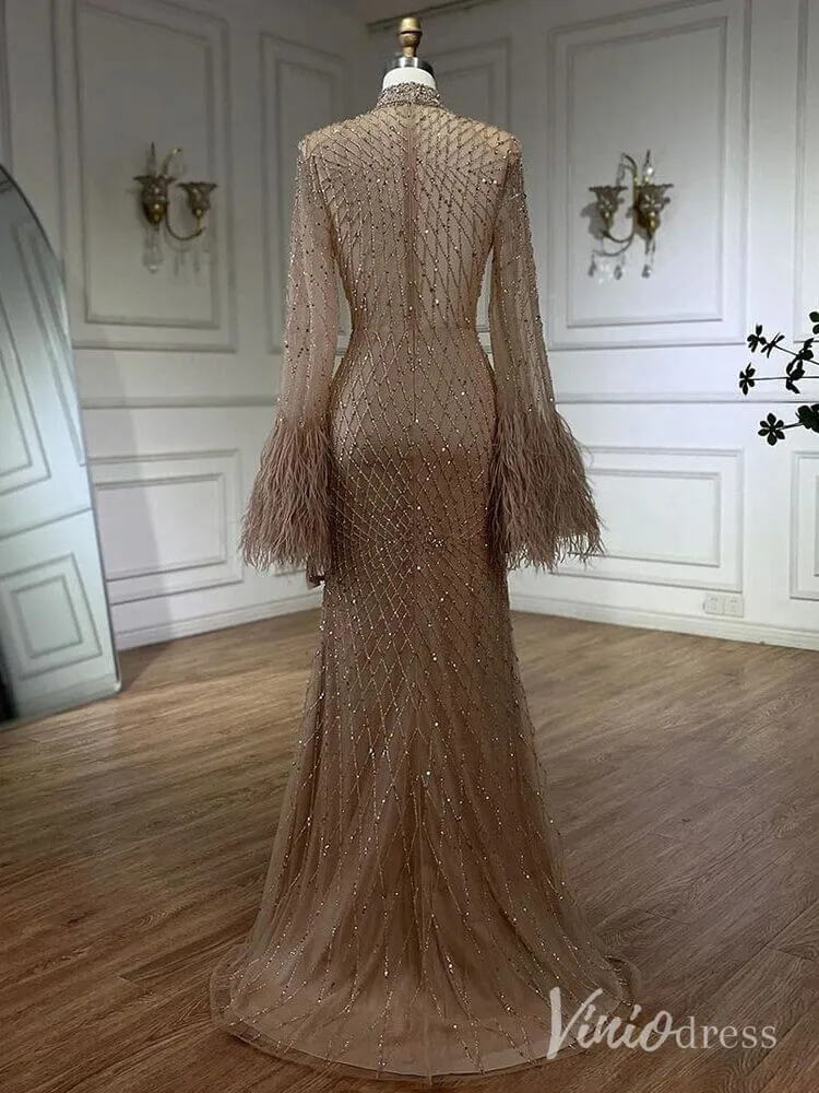 Beaded Mermaid Long Sleeve Prom Dresses High Neck Feathers Pageant Dress AD1246