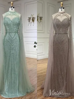 Beaded Removable Cape Sleeve Prom Dresses Mermaid High Neck Pageant Dress AD1253