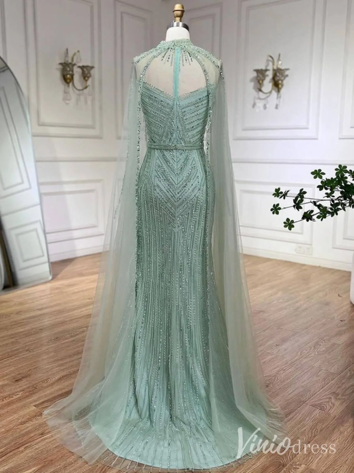 Beaded Removable Cape Sleeve Prom Dresses Mermaid High Neck Pageant Dress AD1253