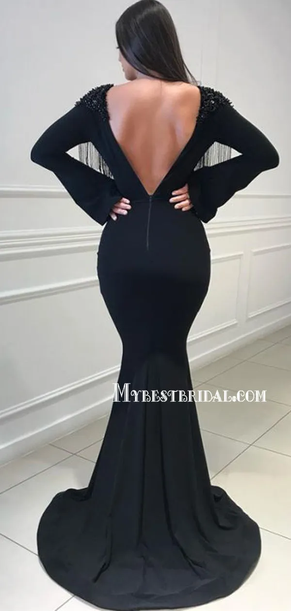 Black V-neck Mermaid Long Sleeve V-back Prom Dresses, PDS0286