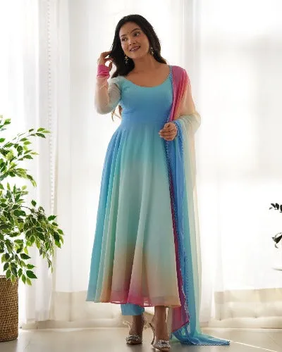 Blue Tone Multicolour Soft Georgette Anarkali Flared Salwar Suit Set