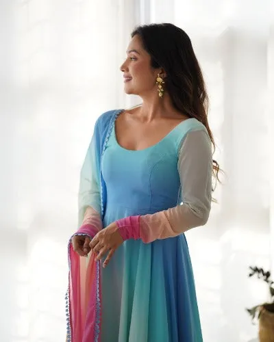 Blue Tone Multicolour Soft Georgette Anarkali Flared Salwar Suit Set