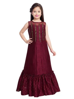 Burgundy Embellished Hand Work Ethnic Gown For Girls