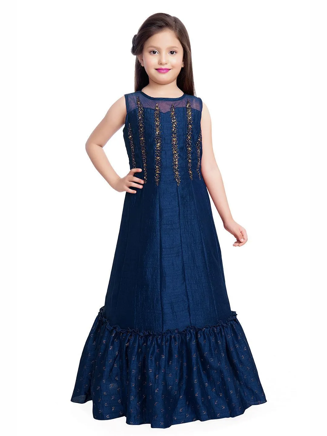 Burgundy Embellished Hand Work Ethnic Gown For Girls