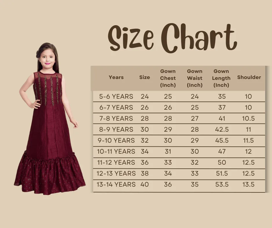 Burgundy Embellished Hand Work Ethnic Gown For Girls