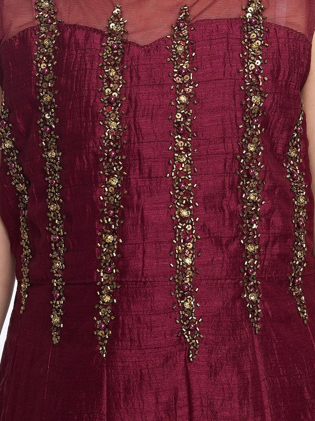 Burgundy Embellished Hand Work Ethnic Gown For Girls