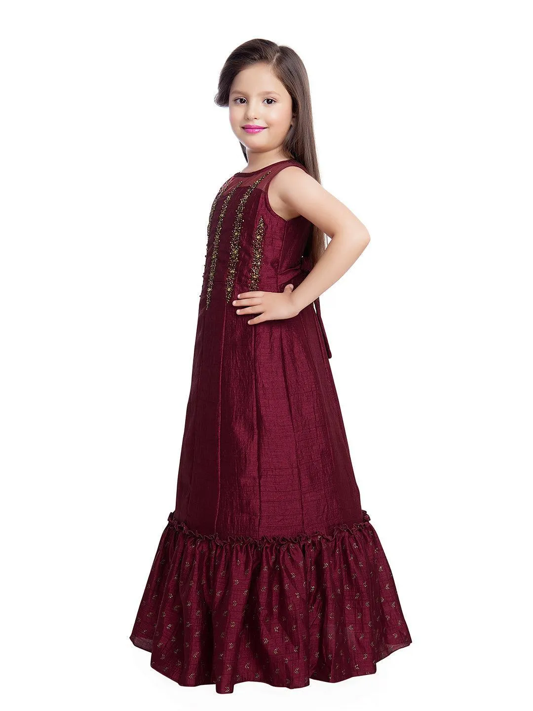 Burgundy Embellished Hand Work Ethnic Gown For Girls