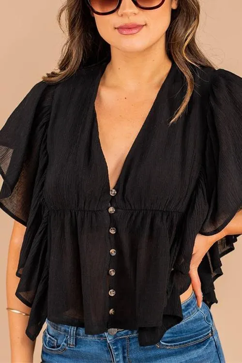 Button Ruffles V Neck Top