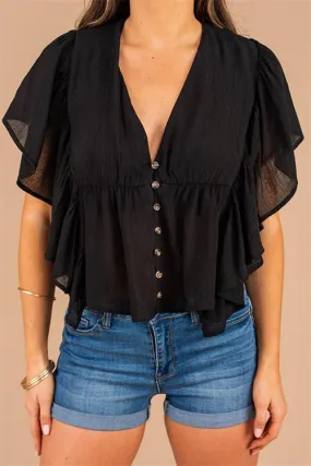 Button Ruffles V Neck Top