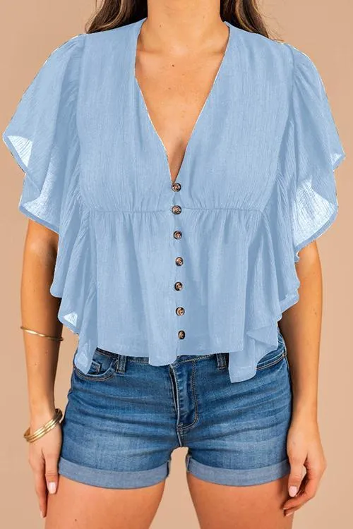 Button Ruffles V Neck Top