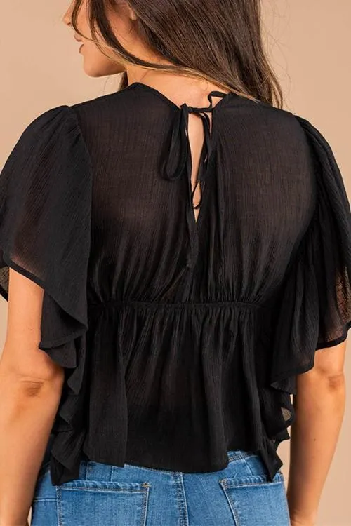 Button Ruffles V Neck Top