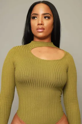 Chat Room Cut Out Turtleneck Knit Bodysuit - Olive