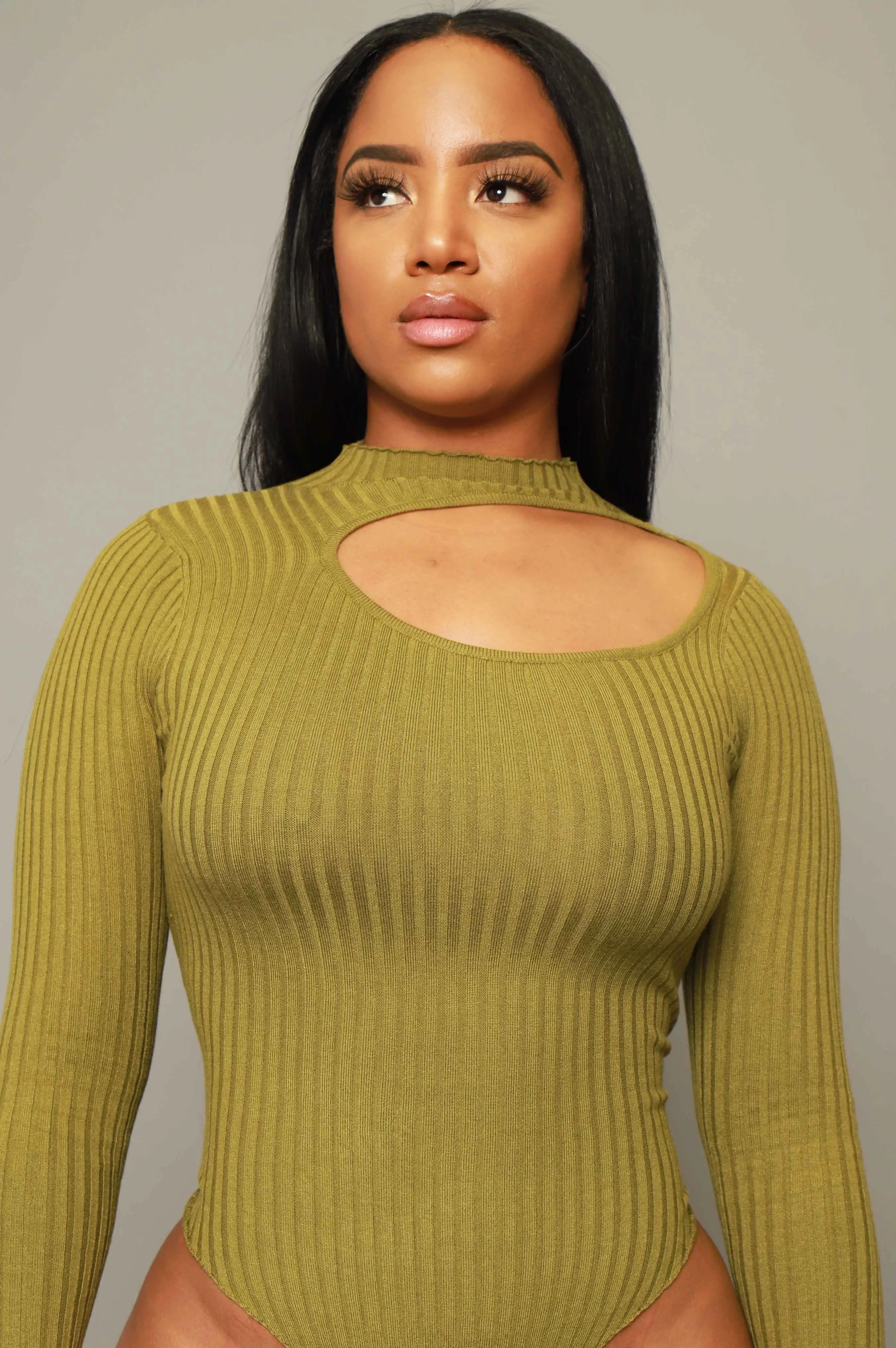 Chat Room Cut Out Turtleneck Knit Bodysuit - Olive