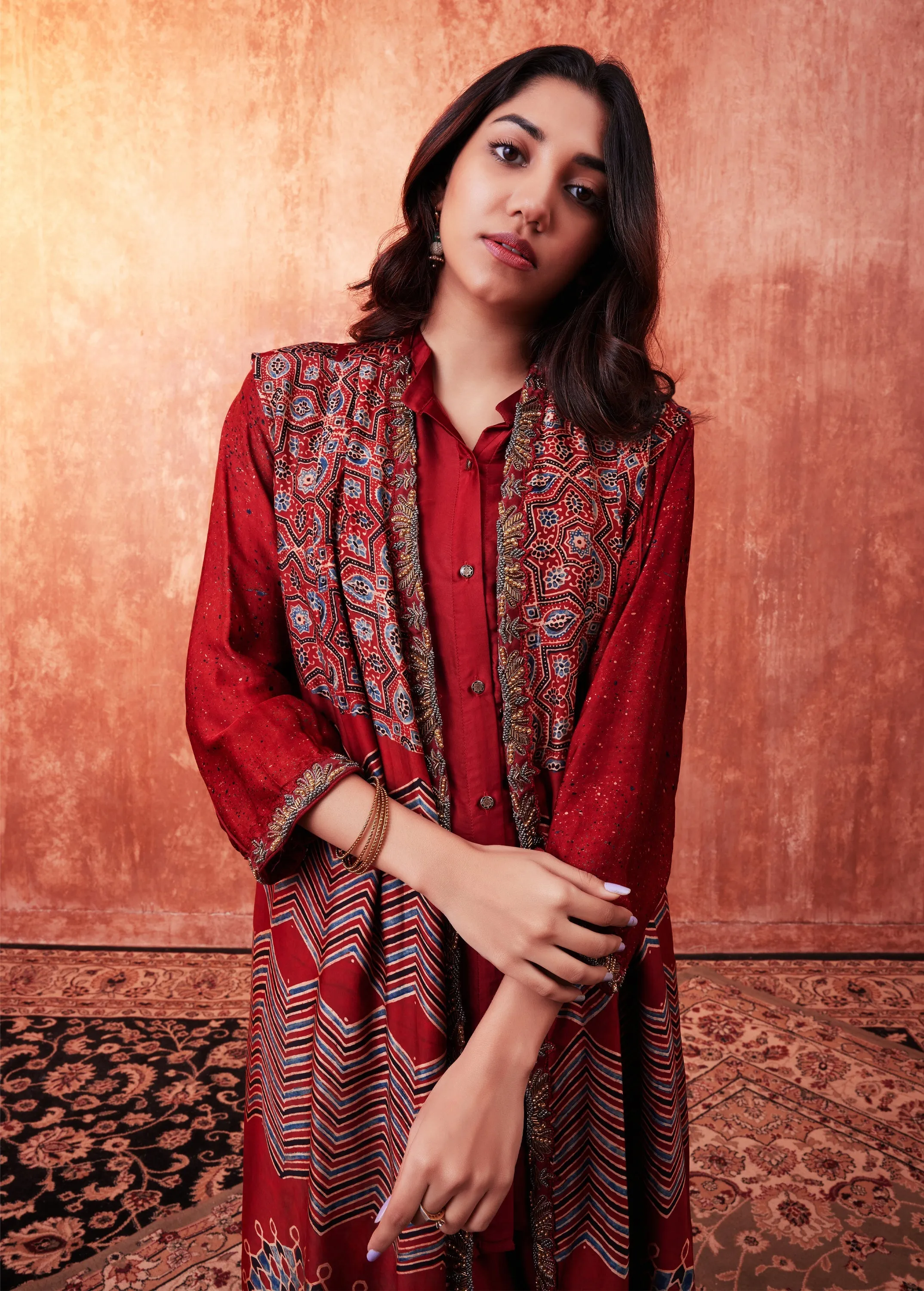 Cherry Red Ajrakh Printed Habutai Silk Cape Co-Ord Set