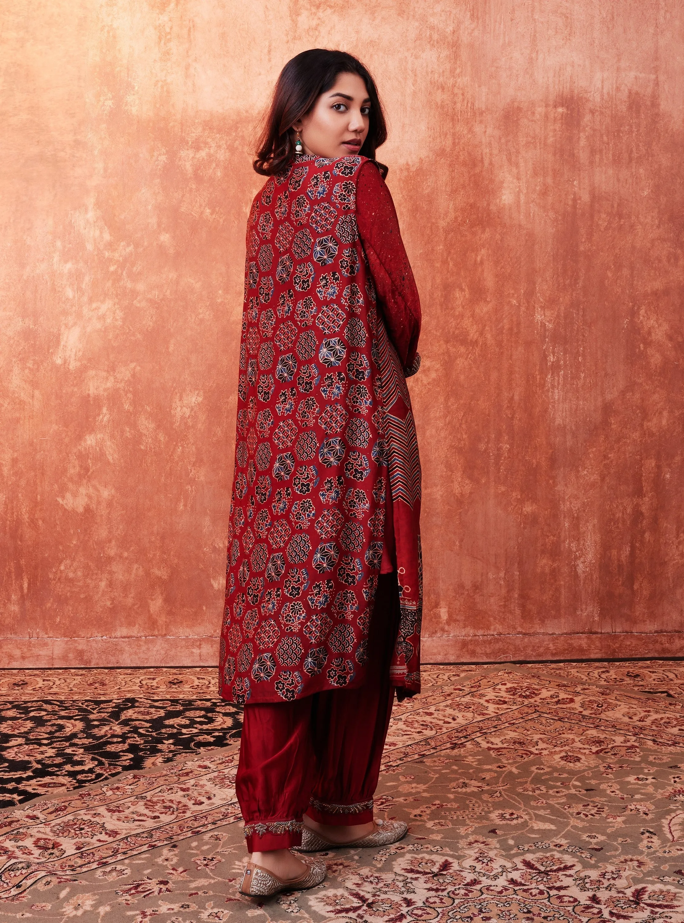 Cherry Red Ajrakh Printed Habutai Silk Cape Co-Ord Set