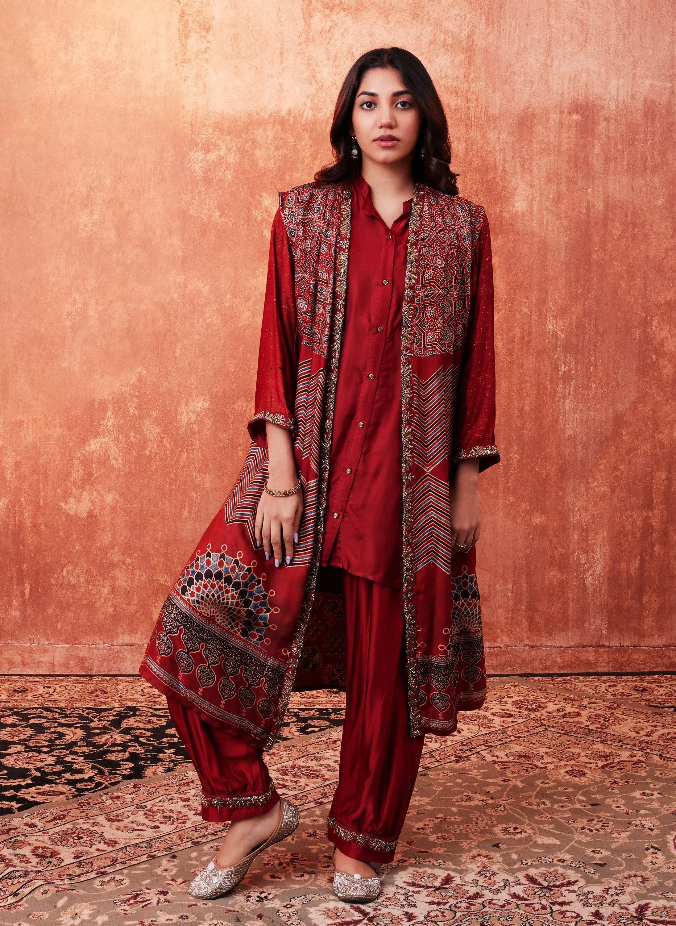 Cherry Red Ajrakh Printed Habutai Silk Cape Co-Ord Set