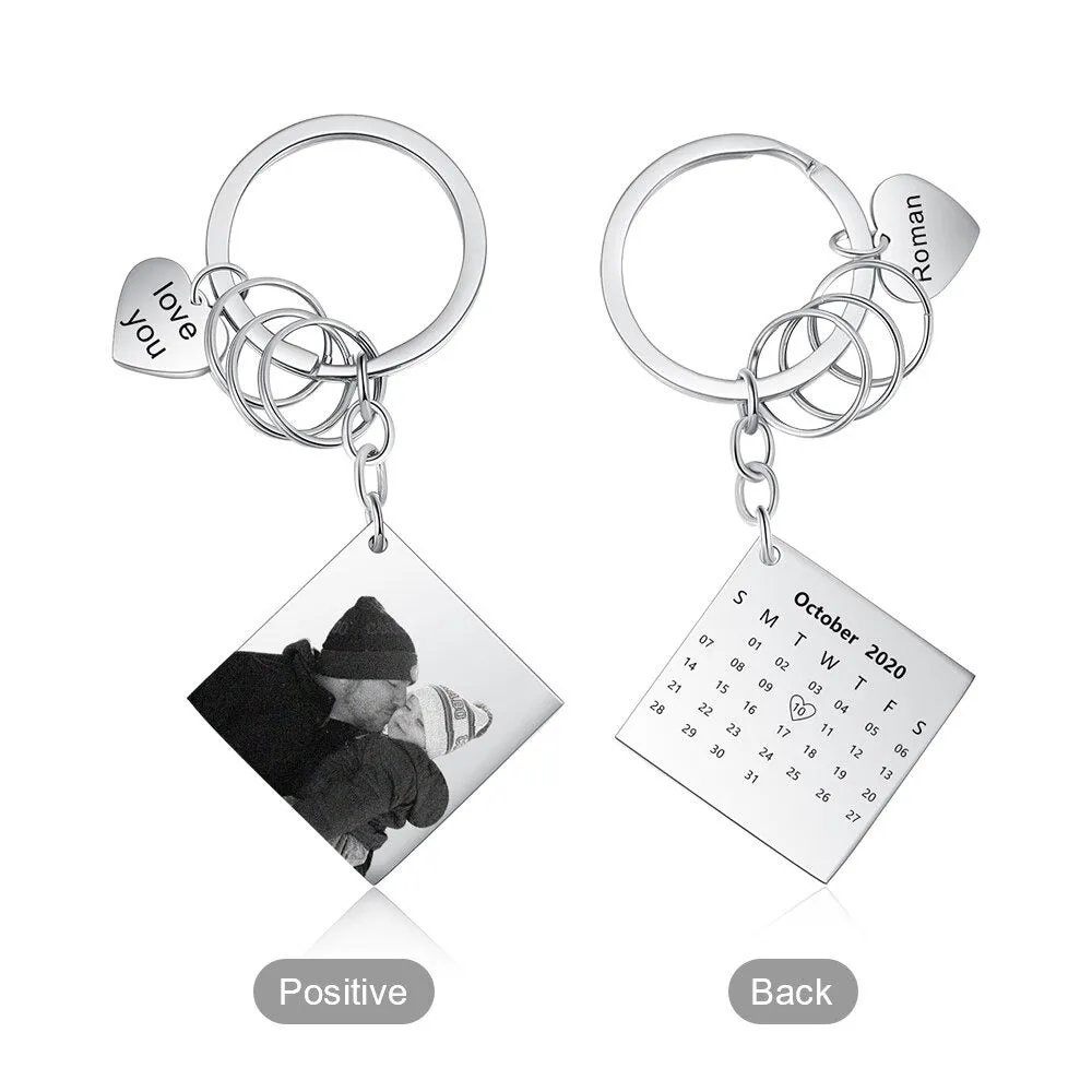 Customized Square Photo & Date Engraved Keychains