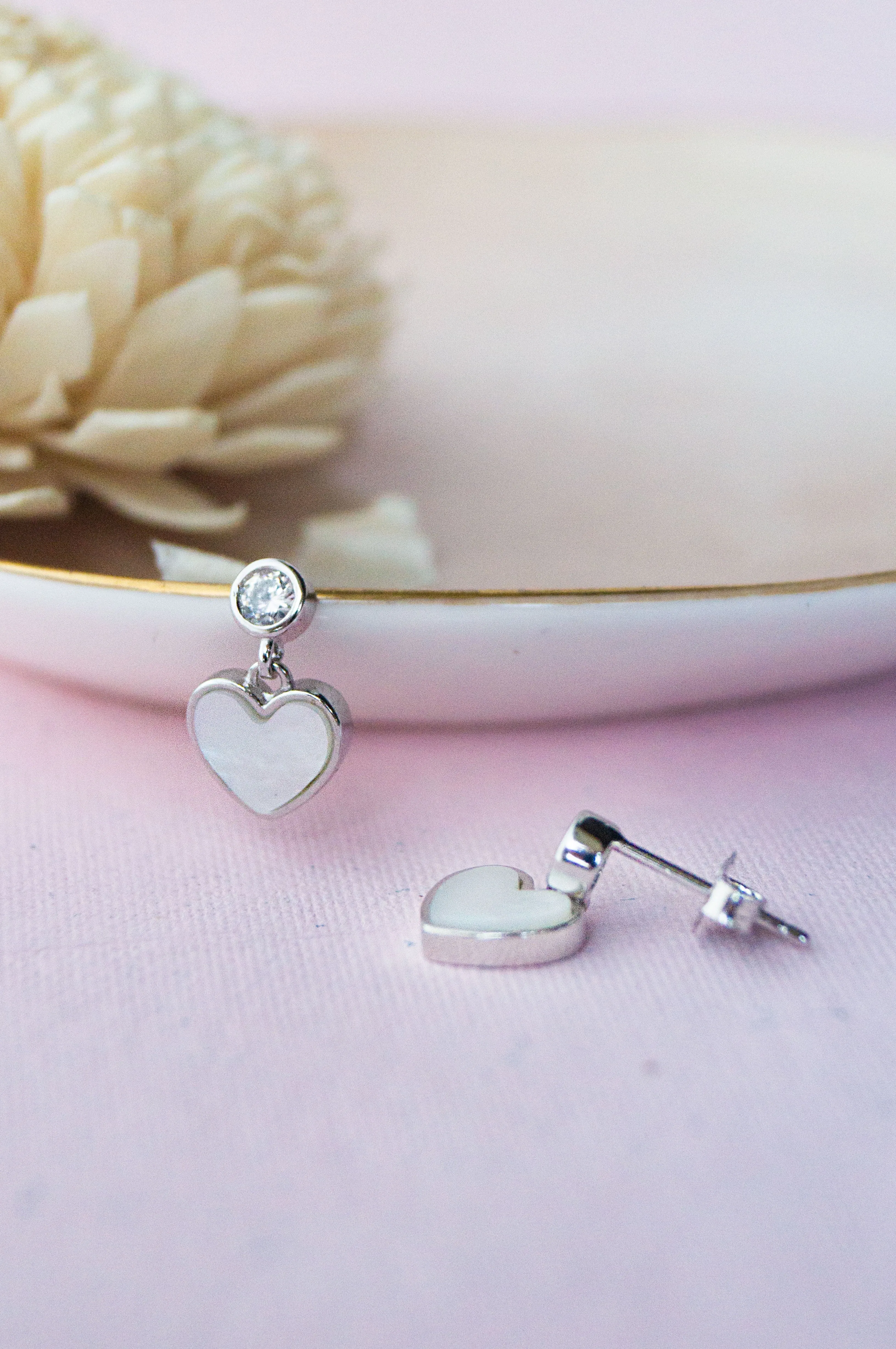 Dainty Mother-Of-Pearl Heart Sterling Silver Stud Earrings