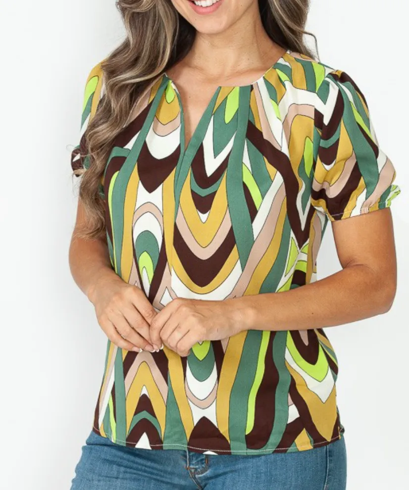 Elle Abstract Print Top- Green