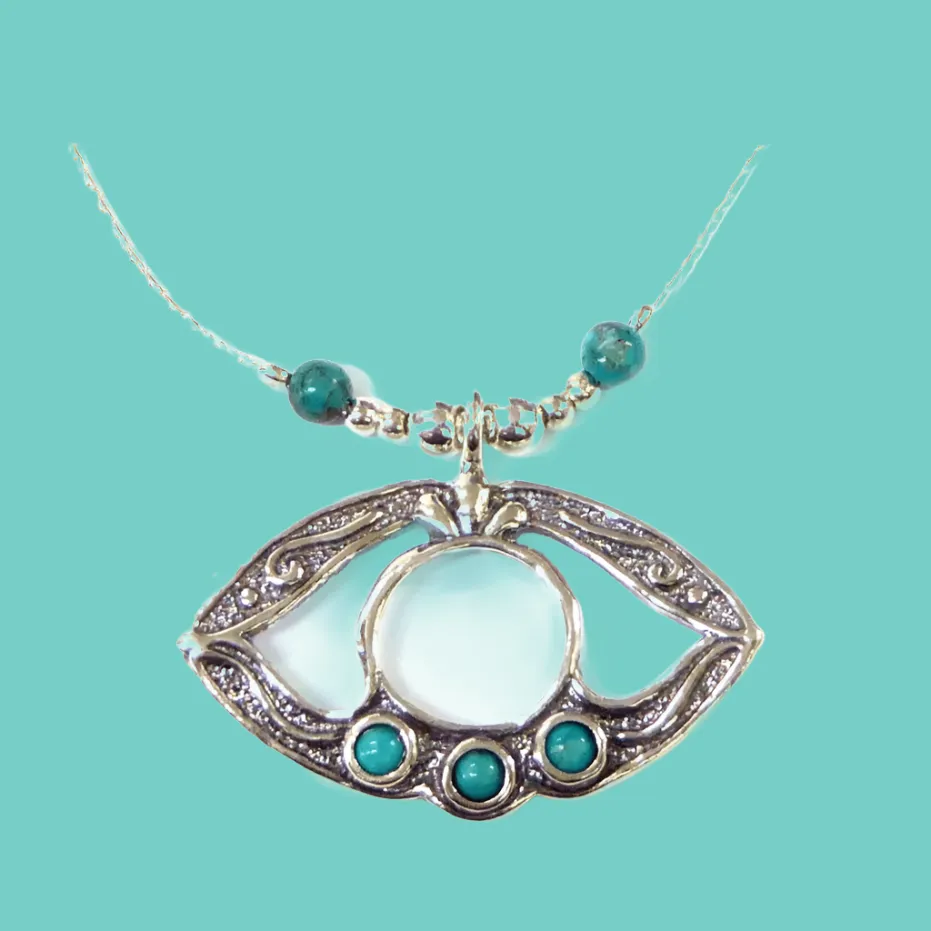 Evil eye necklace for woman sterling silver set with turquoises. Protection from Evil Eye pendant